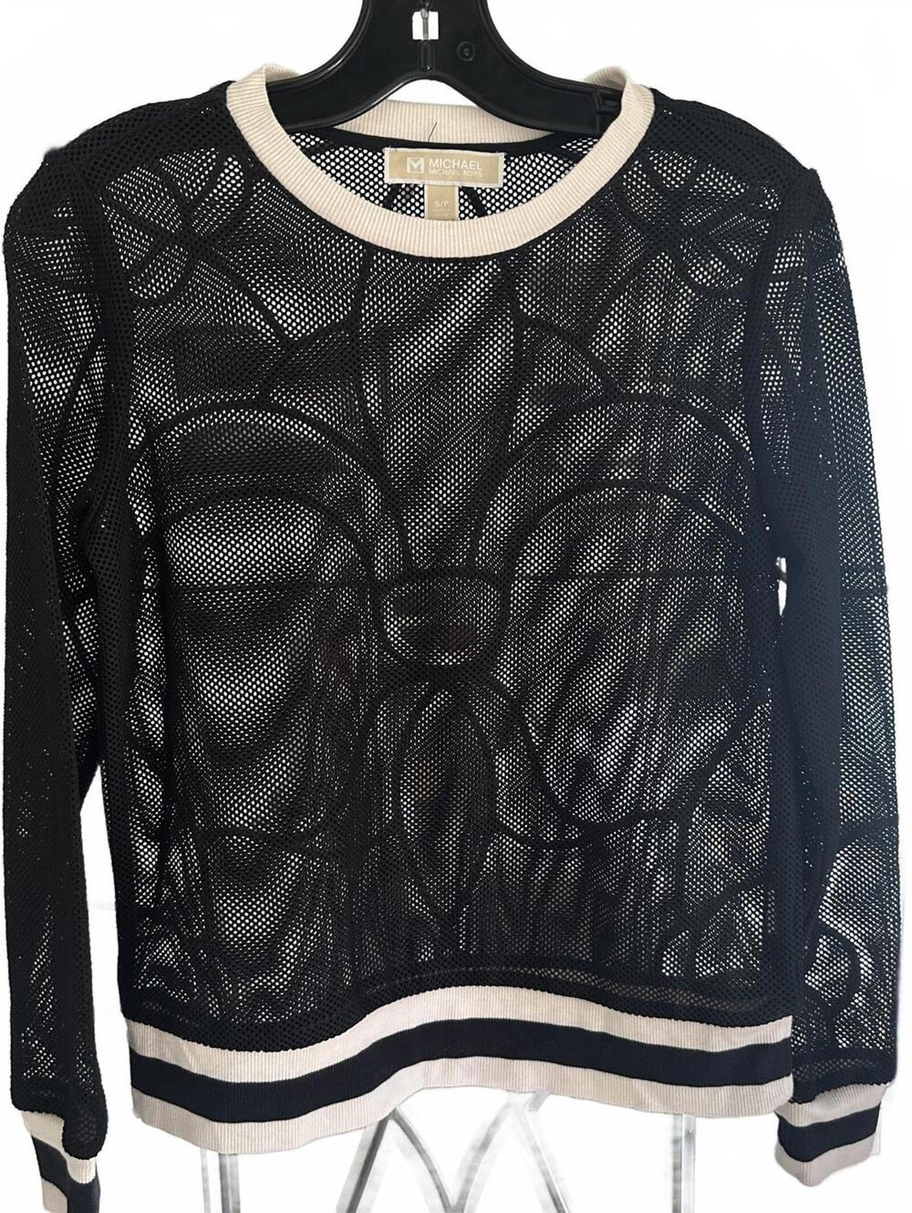 Michael Kors Women's Black Mesh  white Striped Hem & Cuffs Sweater - Small